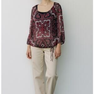 Inc Paisley Burgandy Sheer Peasant Top Women's XL
